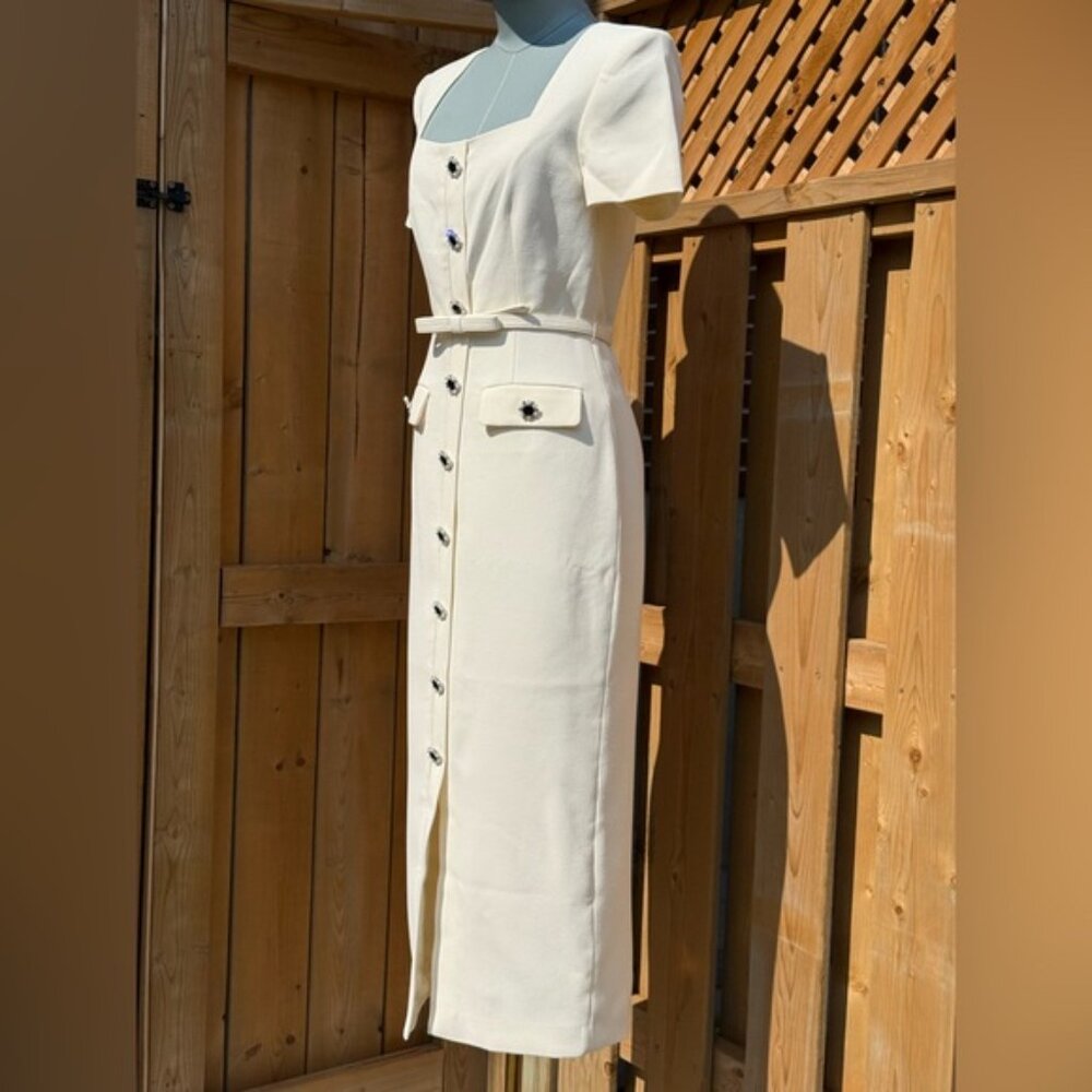 🆕 SELF-PORTRAIT 🧿 BNWOT Cream Ecru Crepe Buttoned Midi Dress, Sz UK 6/ US 2 - Picture 4 of 14